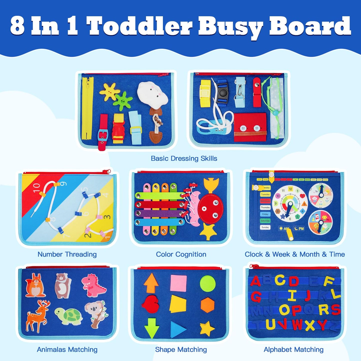 Funsland Toddler Busy Board Book - 8 in 1 Montessori Toys for 1 2 3 4 Year Old Learning Educational Activity Gifts for Girls Boys