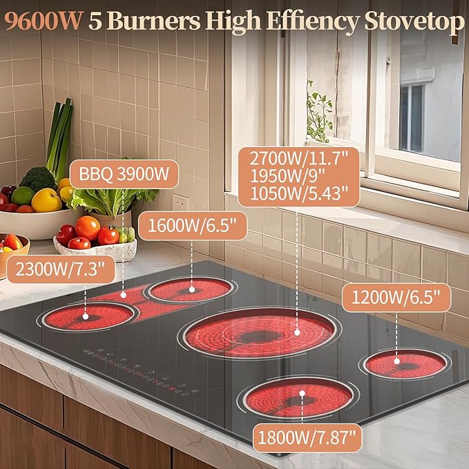 36 Inch Electric Cooktop - 5 Burner Electric Stove Top Powerful 9600W, 36 Inches Built-in Ceramic Stove with Large 3900W Flexible Zone, Timer, Safety Lock, 220V - 240V Hard Wired (No Plug)