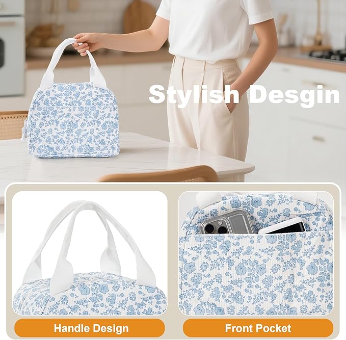 Lunch Bag for Women Insulated Lunch Box Reusable Cooler Bag Portable Cute Corduroy Leakproof Tote Bags for Travel, Work, and Picnic