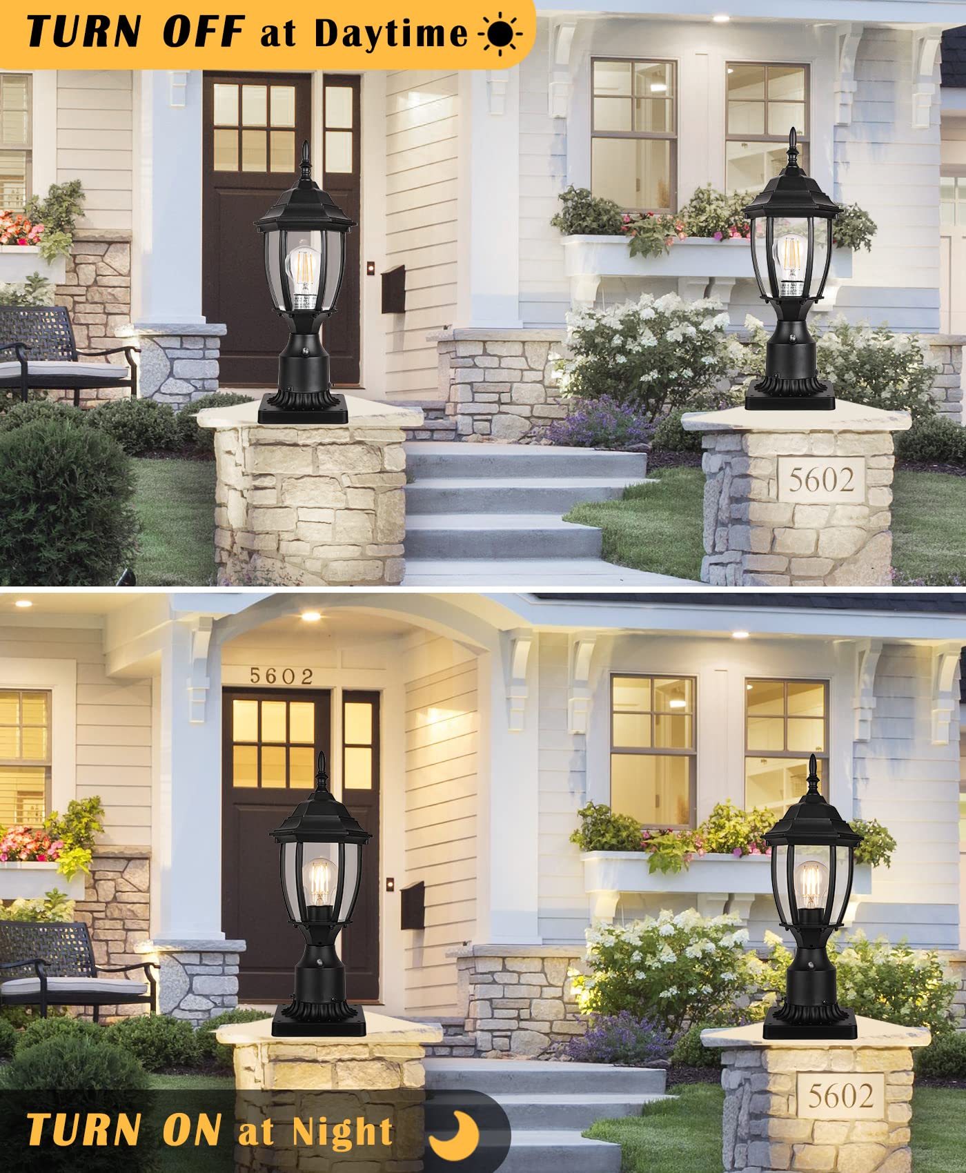 PARTPHONER Outdoor Post Light, 120V Waterproof Aluminum Fixture, 2 Pack, Black Mini, Model PL1159S2P, Clear Glass Lantern for Garden Pathway