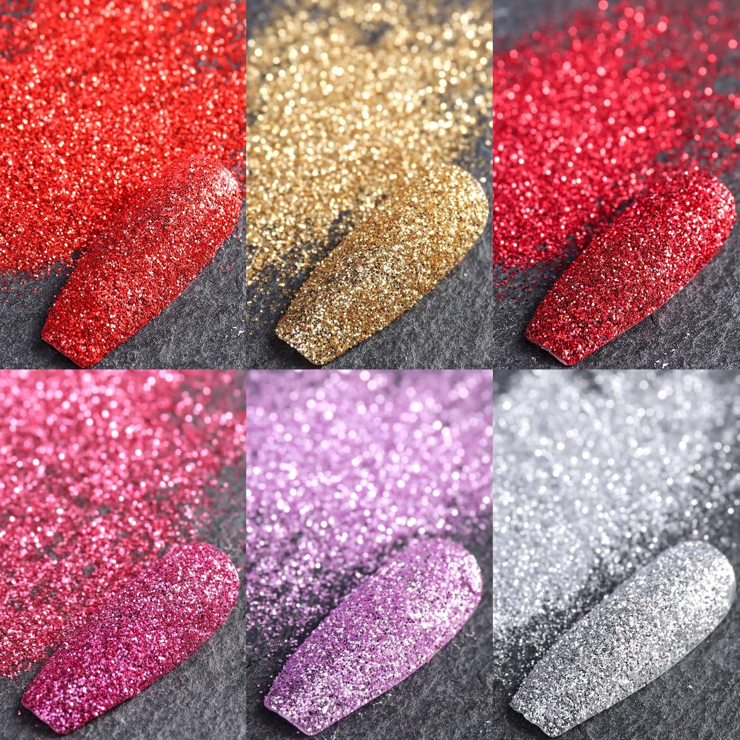 Furtherpretty 6 Colors Nail Glitter Powder Set, Gold Silver Red Purple Sparkle Dust with Brush, Chunky & Fine Glitter for Nail A