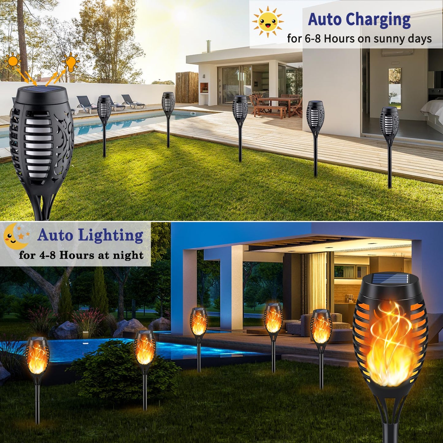 KYEKIO Solar Torch Lights - Outdoor Flickering Flame, Waterproof, 12Pack, Orange, Plastic