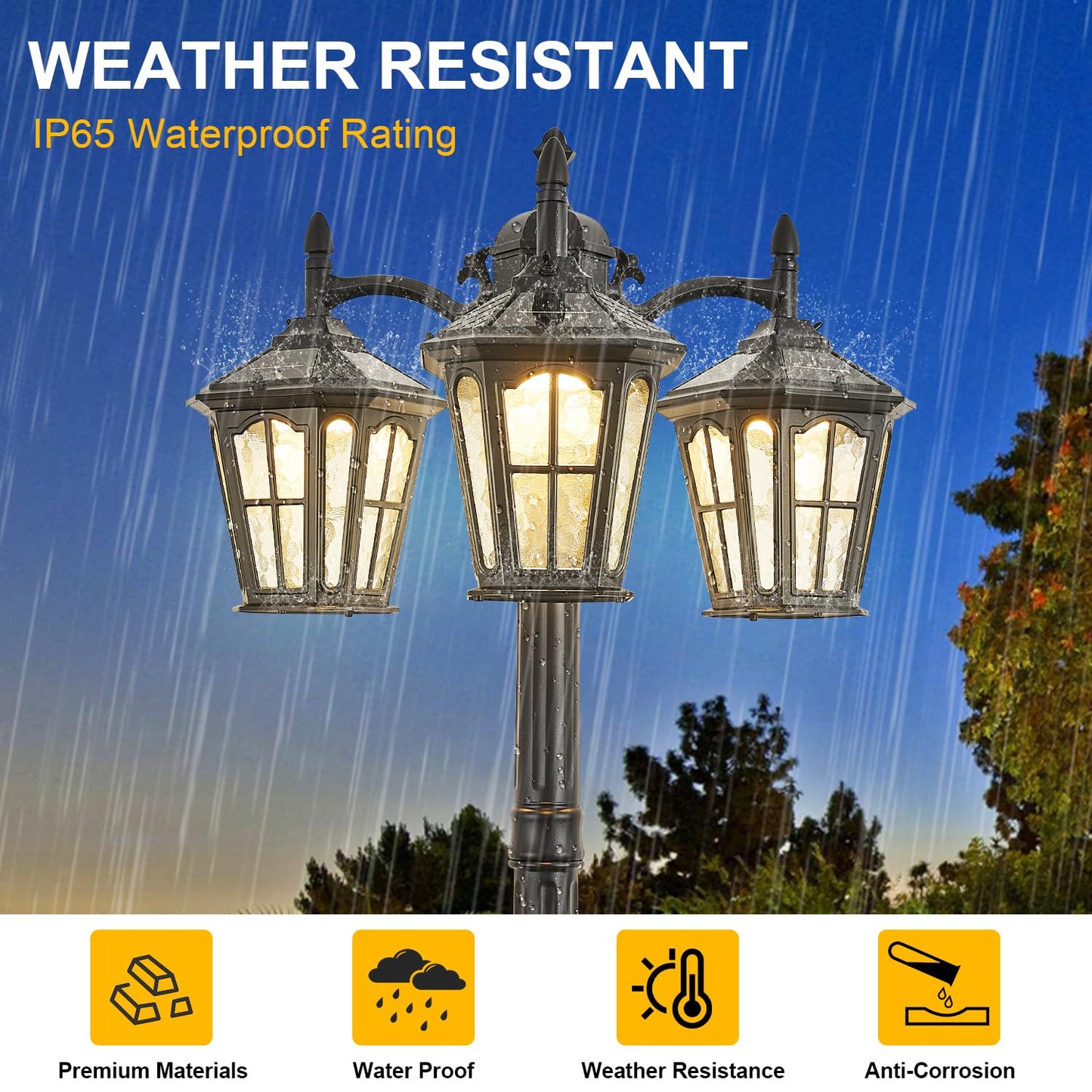 Gydz 3-Head Solar Outdoor Street Light With Dusk To Dawn Sensor  Aluminum Exterior Pole Light With Water Ripple Glass  Classic Waterproof Black Solar Lamp Post Lights For Backyard  Garden  Driveway