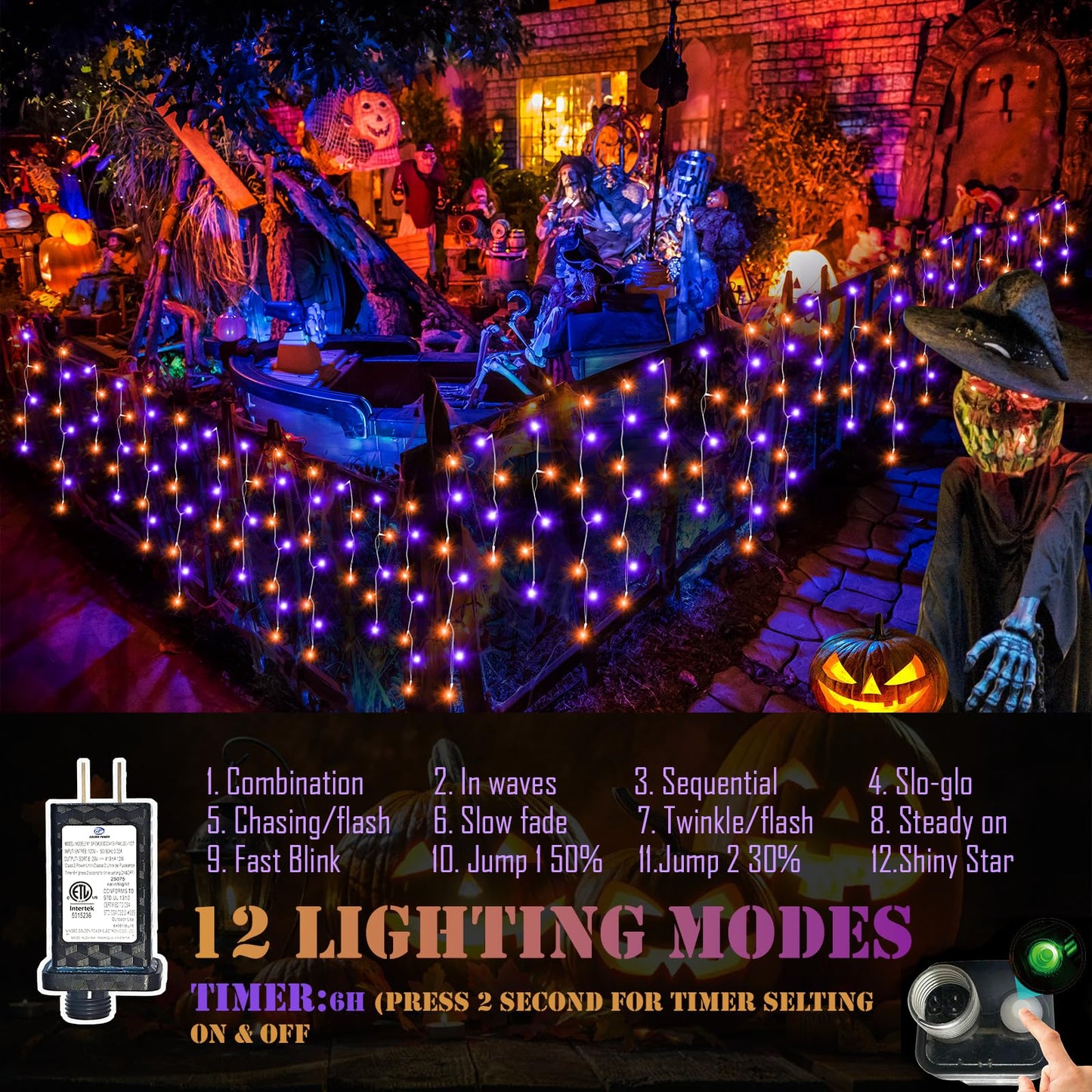 Jeayydsi 52Ft Outdoor Halloween Lights  480Led Purple And Orange Halloween Lights 12 Lighting Modes With Timer Memory Waterproof  String Lights For Outside  Party  Holiday  Garden Decor