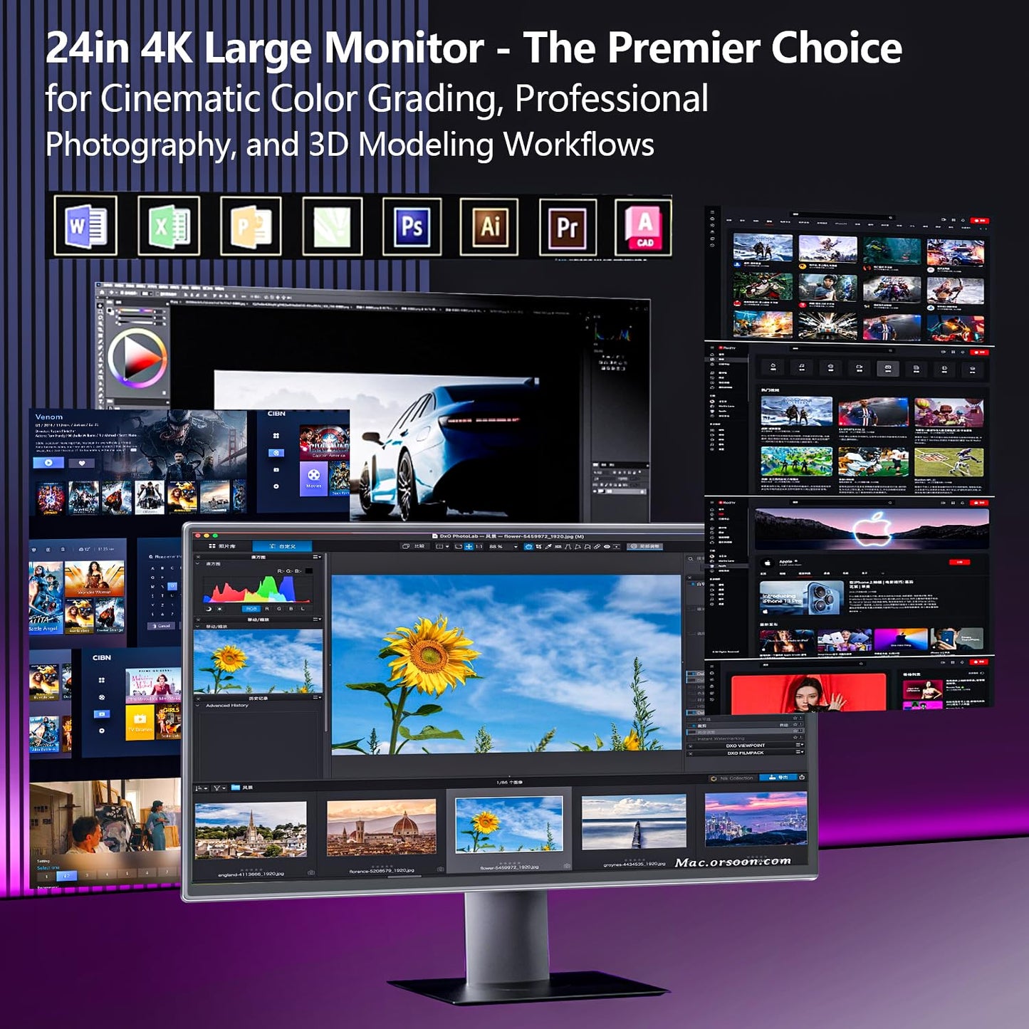 odmenot 4K Large Portable Monitor 24“ Travel Monitor UHD 3840 * 2160 120% sRGB External Second Screen for Desktop Laptop Mini PC MacBook W/Stand VESA HDMI USB-C Gaming Display for PS5/Xbox (OS24-4K)