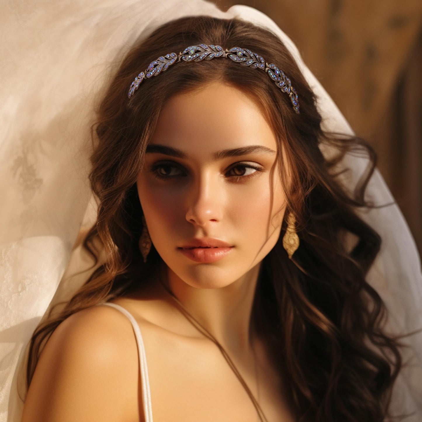Oriamour Flower Design Rhinestone Crystal Wedding Headband Bridal Headpieces Simple Design Bridal Headband (Bronze Purple AB)