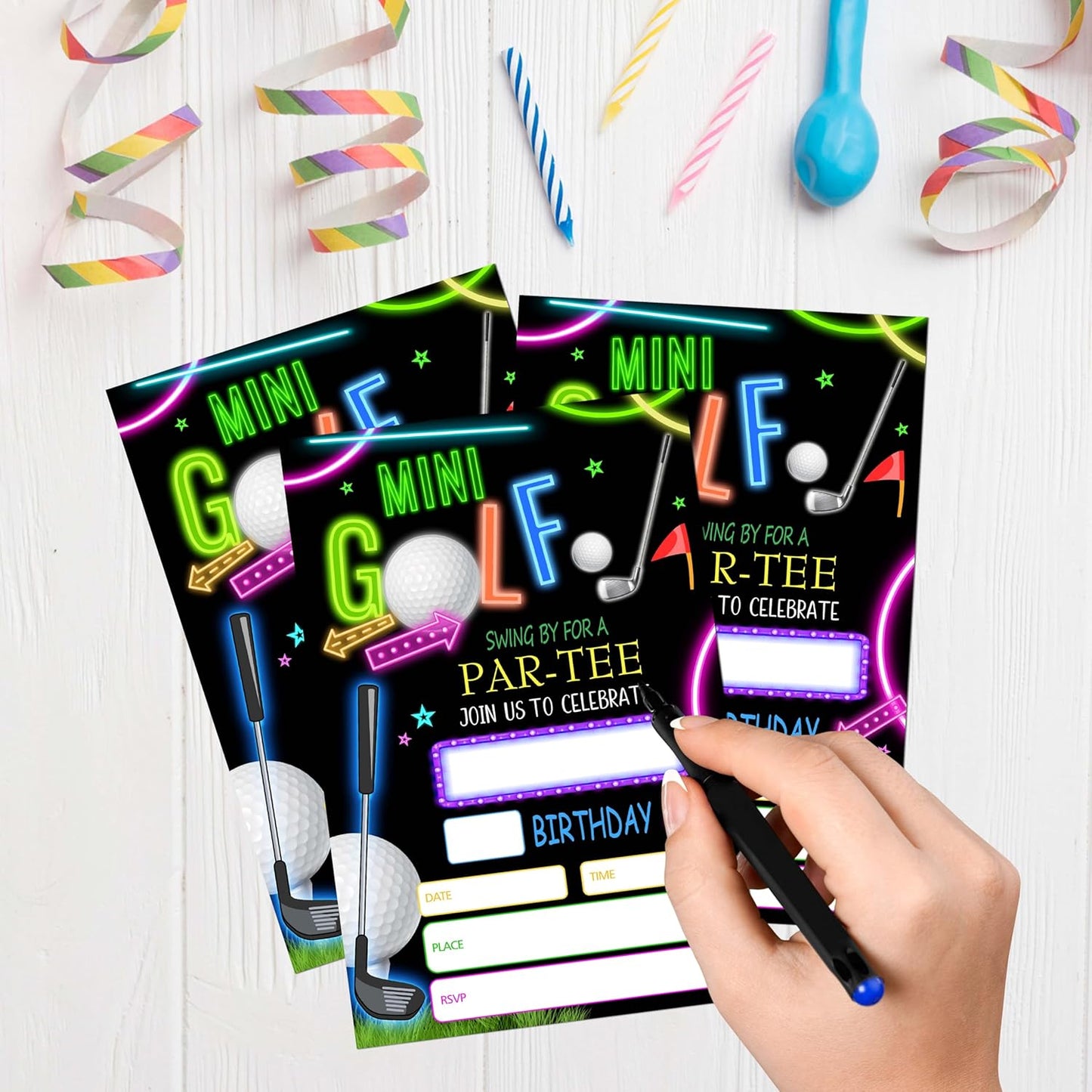 Golf Birthday Invitations for Boys Girls, 20 Invitation Cards with Envelopes, Neon Glow Invites for Party Decorations Favor Supplies - A28