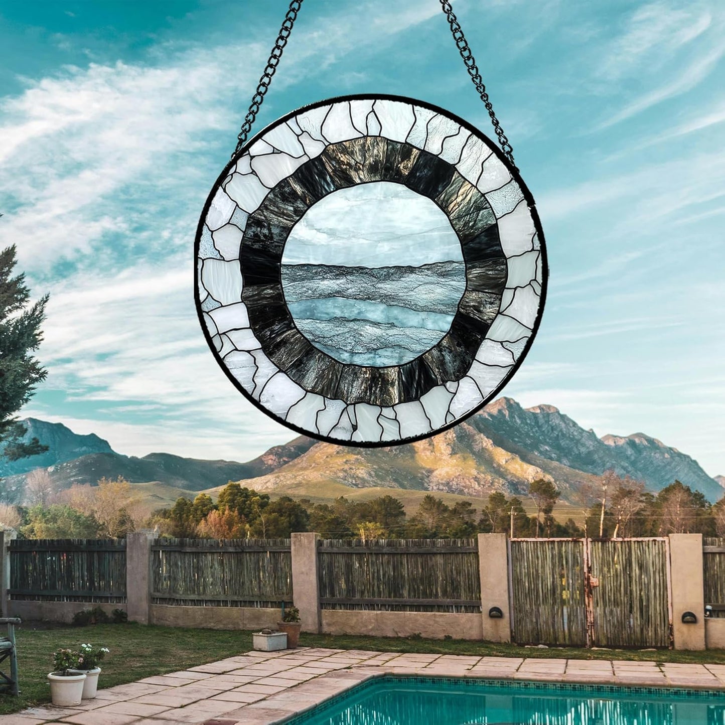 Stained Glass Window Hanging - Abstract Sea Surface Suncatcher for Doors Garden Patio Round Sun Catchers Decor Christmas Mother's Day Birthday Gifts for Women Men Mom Nana Friend 15 in