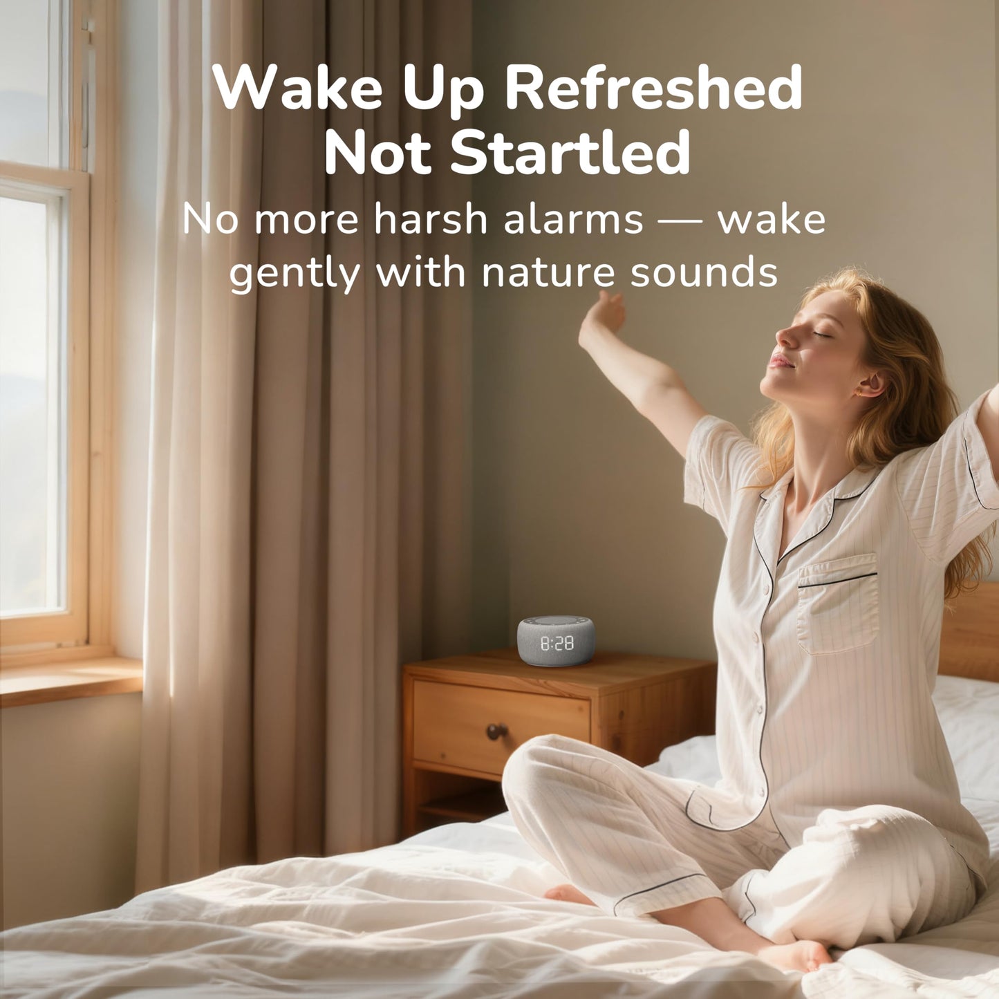 Buffbee Alarm Clock with Sound Machine for Bedrooms – 2-in-1 White Noise Machine for Sleep, Gentle Wake-Up with Soft Alarm Sounds, Ambient Night Light, Plug-in, Sleep Better, Wake Gently