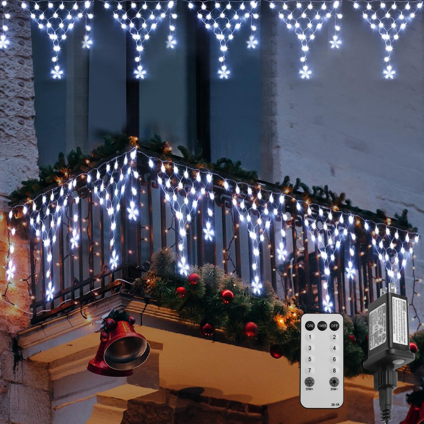 Funiao Christmas Lights Outdoor, 218 Leds Icicle Lights, 13.8Ft, Remote Controlled, White, Model Yls1000Wd01, 8 Modes For Eaves, Garden
