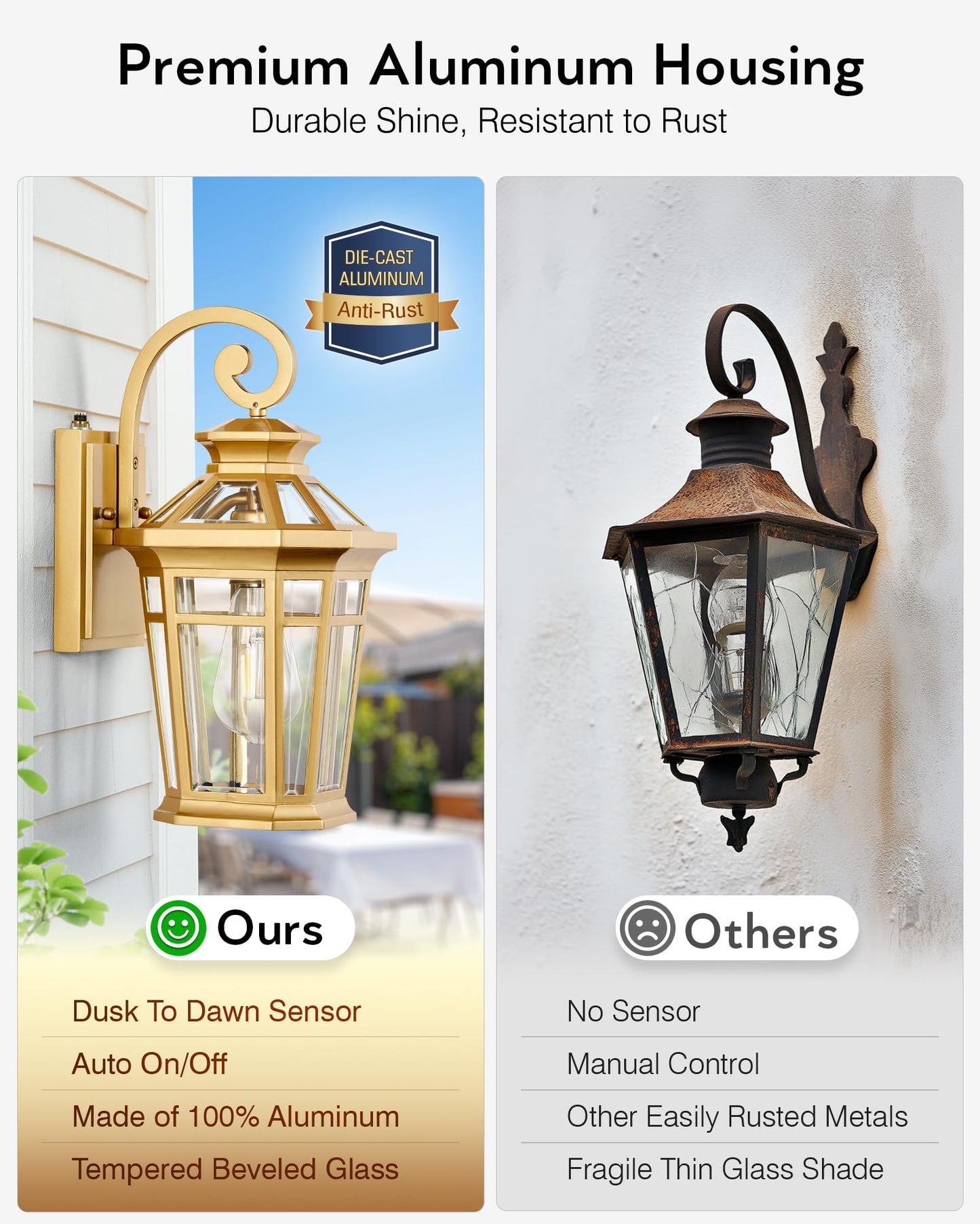 Opaxis Porch Lights Outdoor  Dusk To Dawn Exterior Lighting Fixtures  Gold Wall Lanterns Wall Mount  Waterproof Anti-Rust Outdoor Sconce Lights For Garage  Patio Wall Light Fixture With Beveled Glass