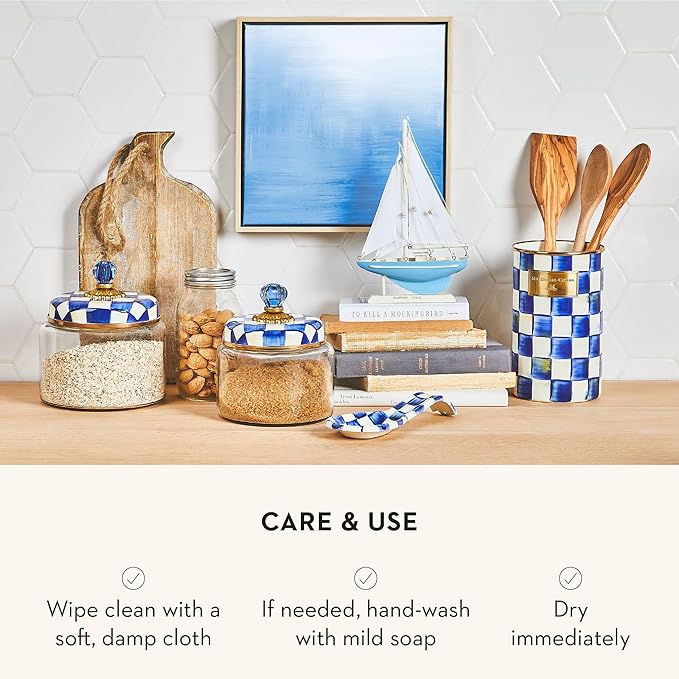MACKENZIE-CHILDS Enamel Utensil Holder, Kitchen Utensil Holder for Countertop, Storage Caddy, Blue-and-White Royal Check