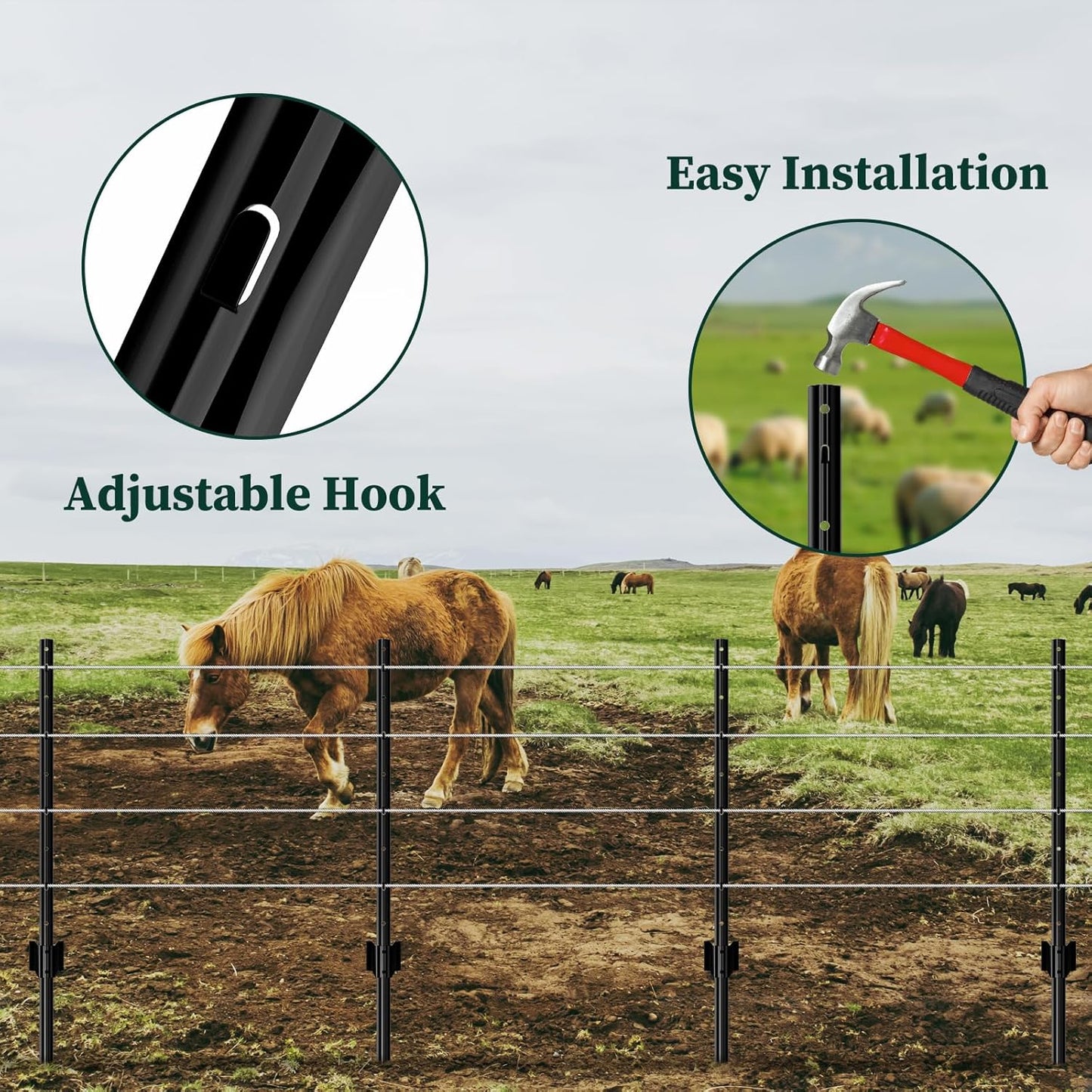 10 Pack Garden Fence Post, 4 Feet Heavy Duty Metal U-Post for Wire Fence, No Dig Garden Fence Stakes for Temporary Fencing, Electric Fence Wire, Corner Anchor, and More-Black