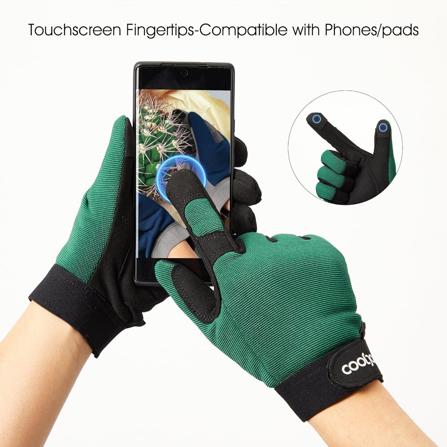COOLJOB Thorn Proof Garden Gloves with Touchscreen Fingers for Men, Rose Pruning Work Gloves with Palm Cushion for Gardener, Farmer and Landscaper (Green 1 Pair Small)