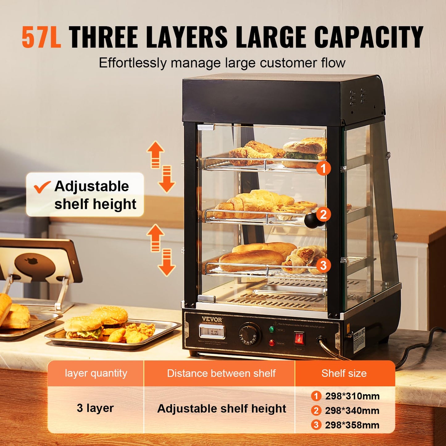 VEVOR 3-Tier Commercial Food Warmer Display, 1000W Food Display Warmer with Light, Adjustable Shelf and Temperature Display, 86℉~185℉ Steam Heating, 57L for Hamburger, Pizza, Bread, Fried Chicken