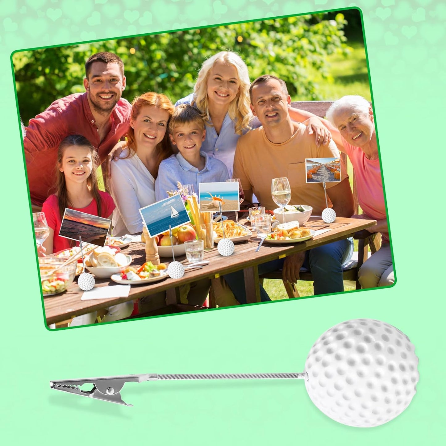 16 Pack Golf Sports Ball Base Memo Clips Card Holder Stand Note Paper Clip Pictures Display with Alligator Creative Golfball Desk Stand Paper Clip for Office Menu Wedding Party Events Decoration