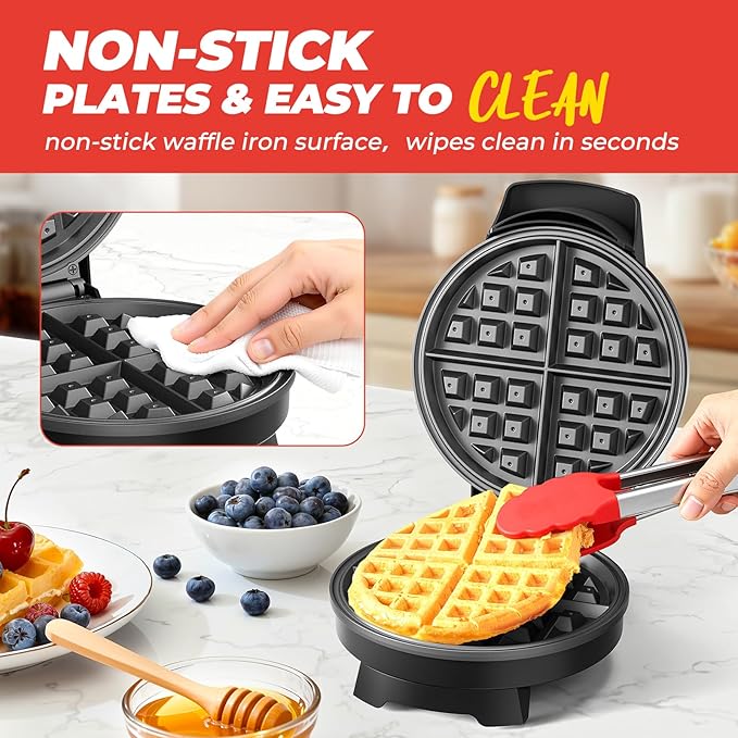 Waffle Maker, Round Classic Belgian Waffle Iron, Adjustable Browning Control, Easy-Clean Nonstick Plates & Cool Touch Handle, Space Saving Storage, Stainless Steel