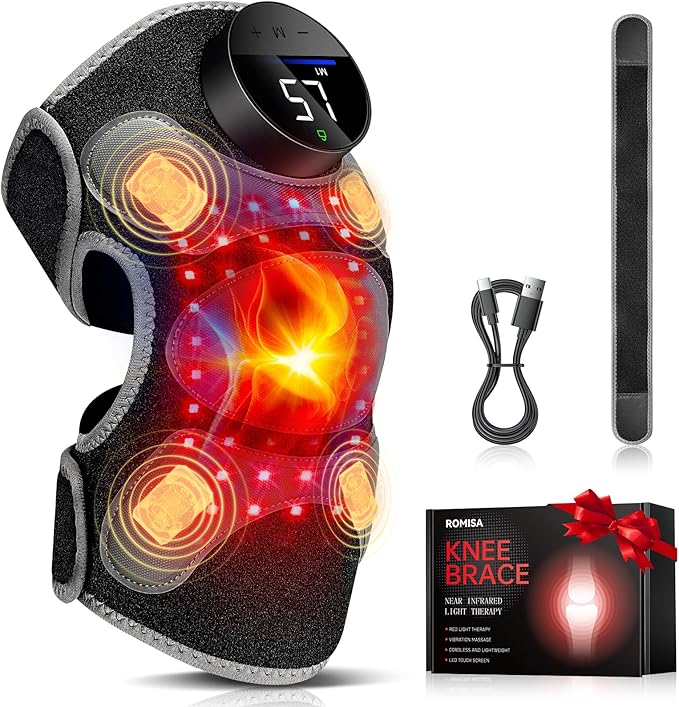 Upgraded PRO Red Light Therapy Knee Brace & 4 Vibration Massage - Rechargeable Controller, 660nm&850nm Red Light Therapy H...