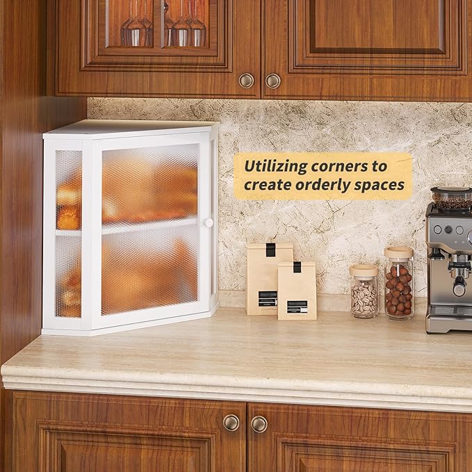 Corner Bread Box for Kitchen Countertop,Bread Storage for Homemade Bread, Double Layer Large Bamboo Kitchen Storage Bin with Window (White, Large)