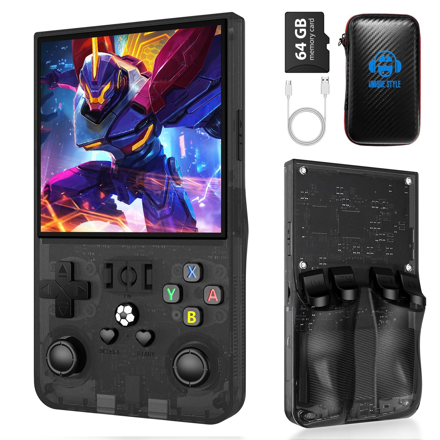 R36MAX Retro Handheld Game Console, Retro Gaming Console with 4.0-in IPS HD Screen, Video Game Consoles with 4000mAh Battery and 30+ Mainstream Emulators, Transparent Black