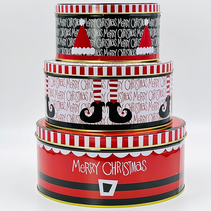 Pack of 3 Round Metal Nesting Tins – Stackable Storage Containers with Lids for Kids' Cookies, Candy, Snacks, Crafts & Kitchen – Fun Xmas Elf Hat Design