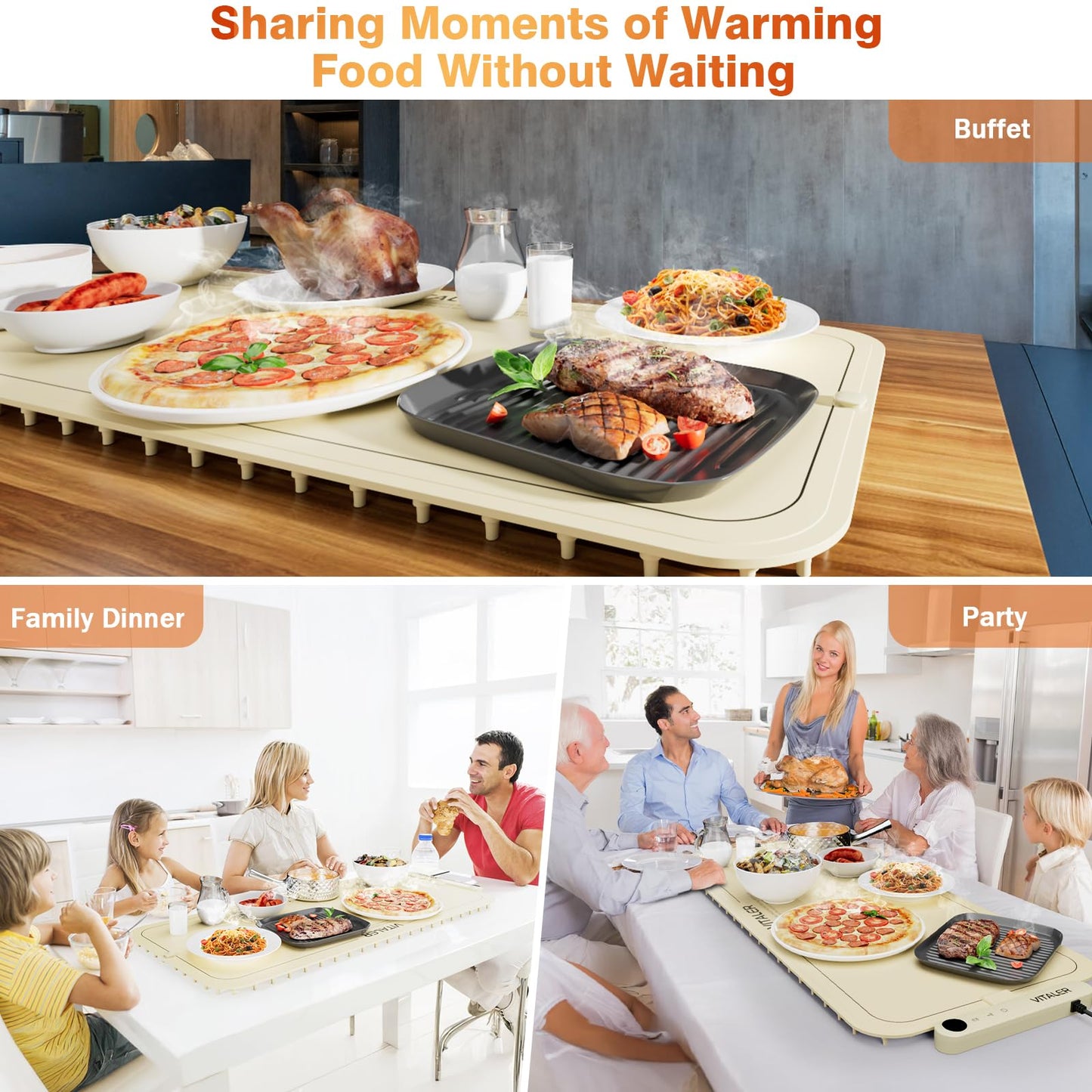 Vitaler Warming Mat for Food, (XXL 35”x16”) Electric Warming Trays, Upgrade Graphene Fast Full-Surface Heating Mat for Food with 6 Level Temp, 6 Hours Timer, Food Warmer Pad with Heat-Insulating Mat