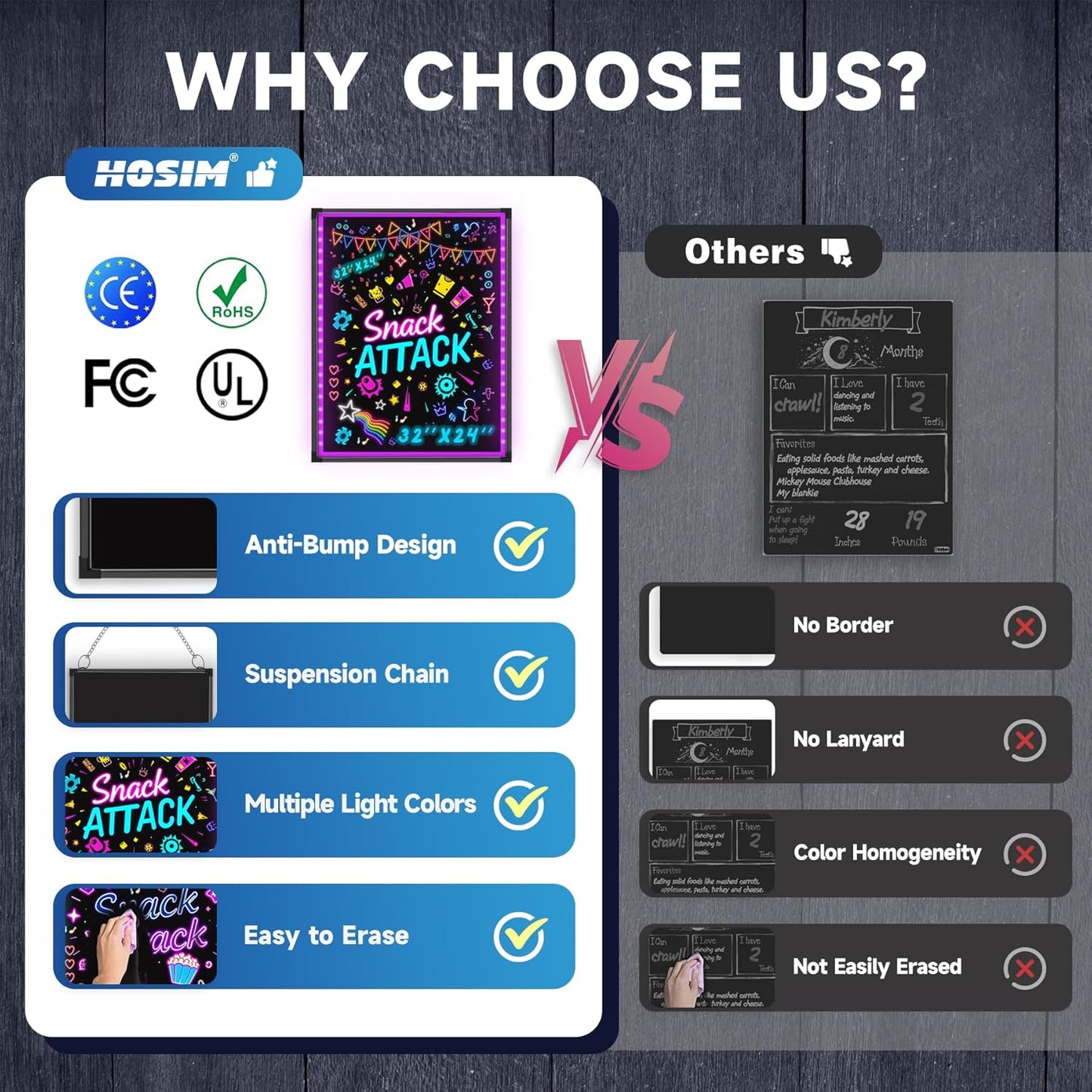 Hosim LED Message Writing Board 32"x24" Illuminated Erasable Neon Effect Restaurant Menu Sign with 8 Colors Markers,16 Lighting Colors DIY Message Chalkboard for Kitchen Wedding Promotions