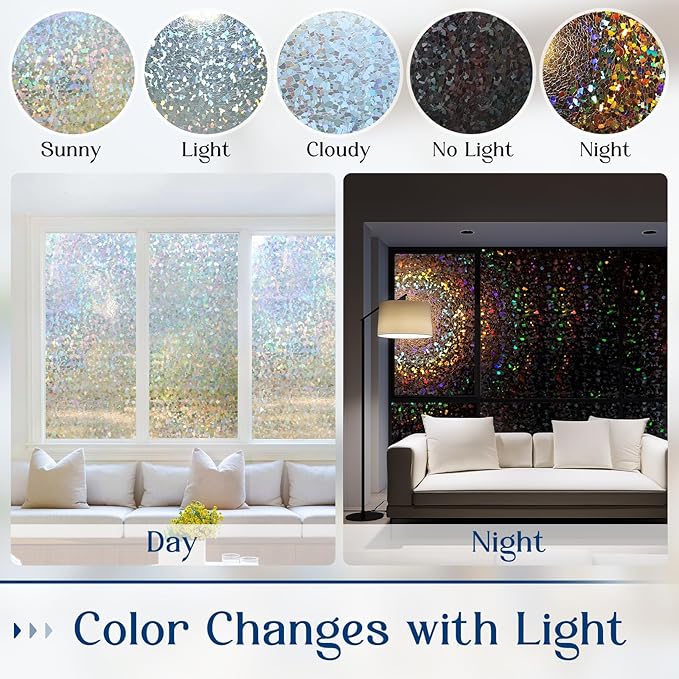 Haton Window Privacy Film Rainbow Film Stained Glass Window Clings, 3D Decorative UV Sun Blocking Sticker, Removable Static Cling Heat Control Tint for Home Door, 35.4" x 78.7" Non-Adhesive