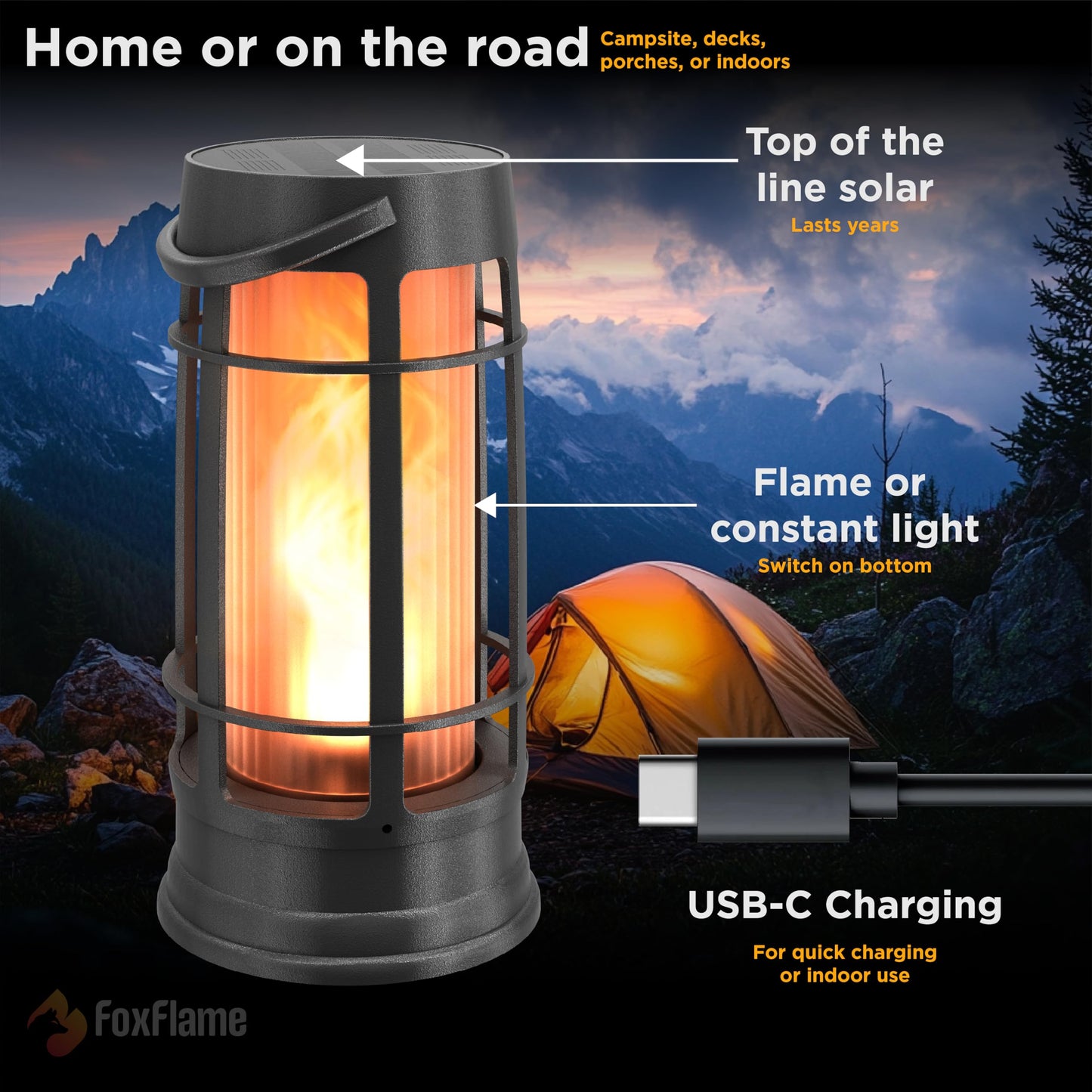 FOXFLAME Metal Outdoor Solar Lantern, Waterproof Flickering LED, 1 Pack, Matte Black, Model FFMDL1