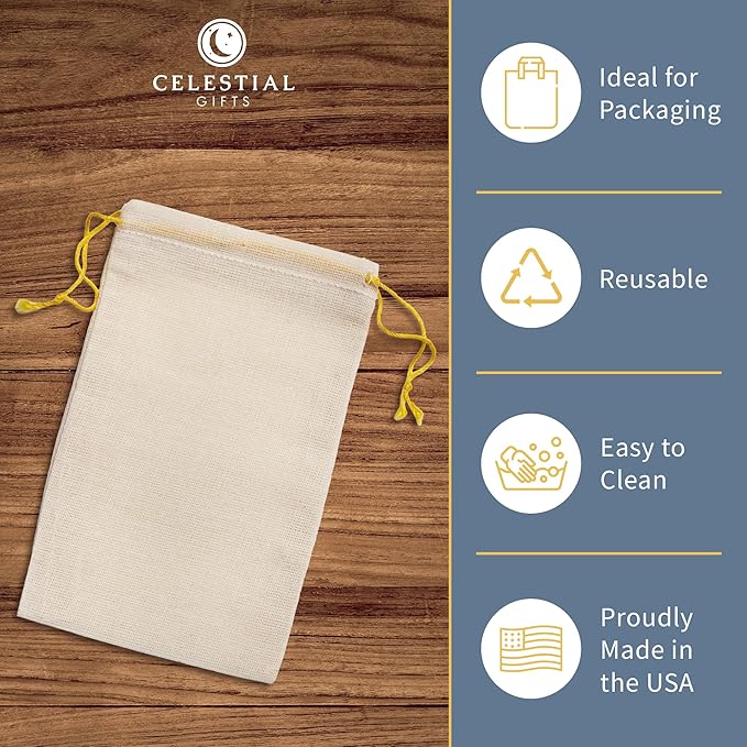 Celestial Gifts Muslin Bags - Doublel Drawstring Bags Small 25pcs - 2.75x4, Reusable Tea, Jewelry, Gift, Spice and Sachet Bag - 100% Cotton - Made in USA - (Natural Hem & Yellow Double Drawstring)