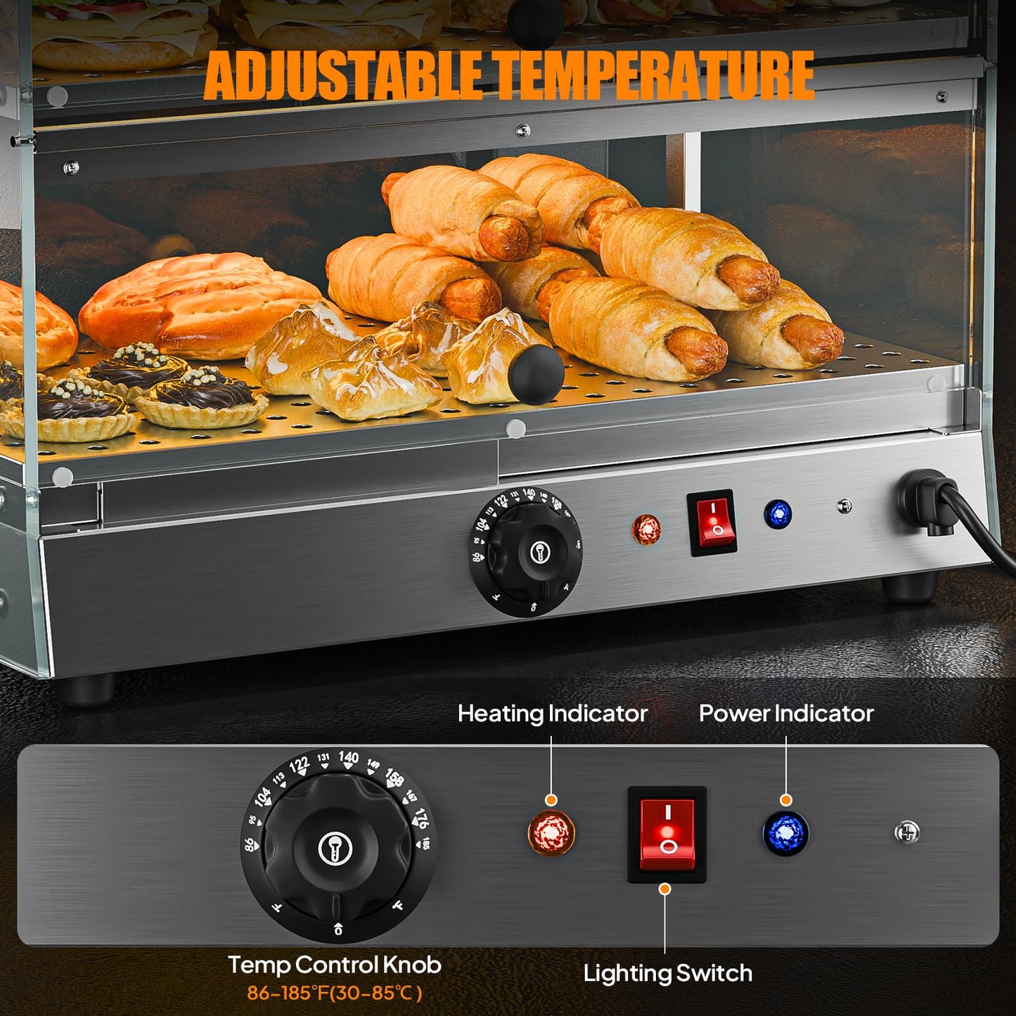 ROVSUN 3-Tier Food Warmer Pizza Warmer Countertop, Food Warmer Display Pretzel Warmer with LED Lighting Front and Rear Doors, Electric Catering Hot Box Acrylic for Buffet Restaurant Cafe