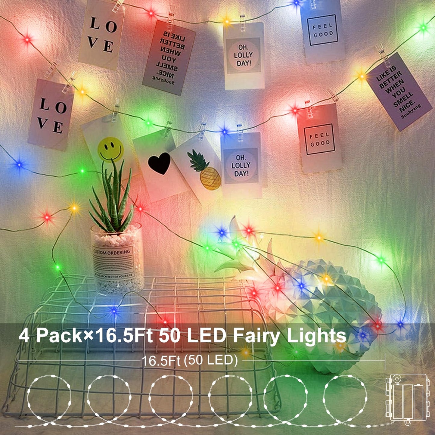 ZAIYW Fairy Lights 4 Pack, 16.5Ft 50LED Multicolor Battery Operated with Remote Control, Timer, 8 Modes, Green Wire