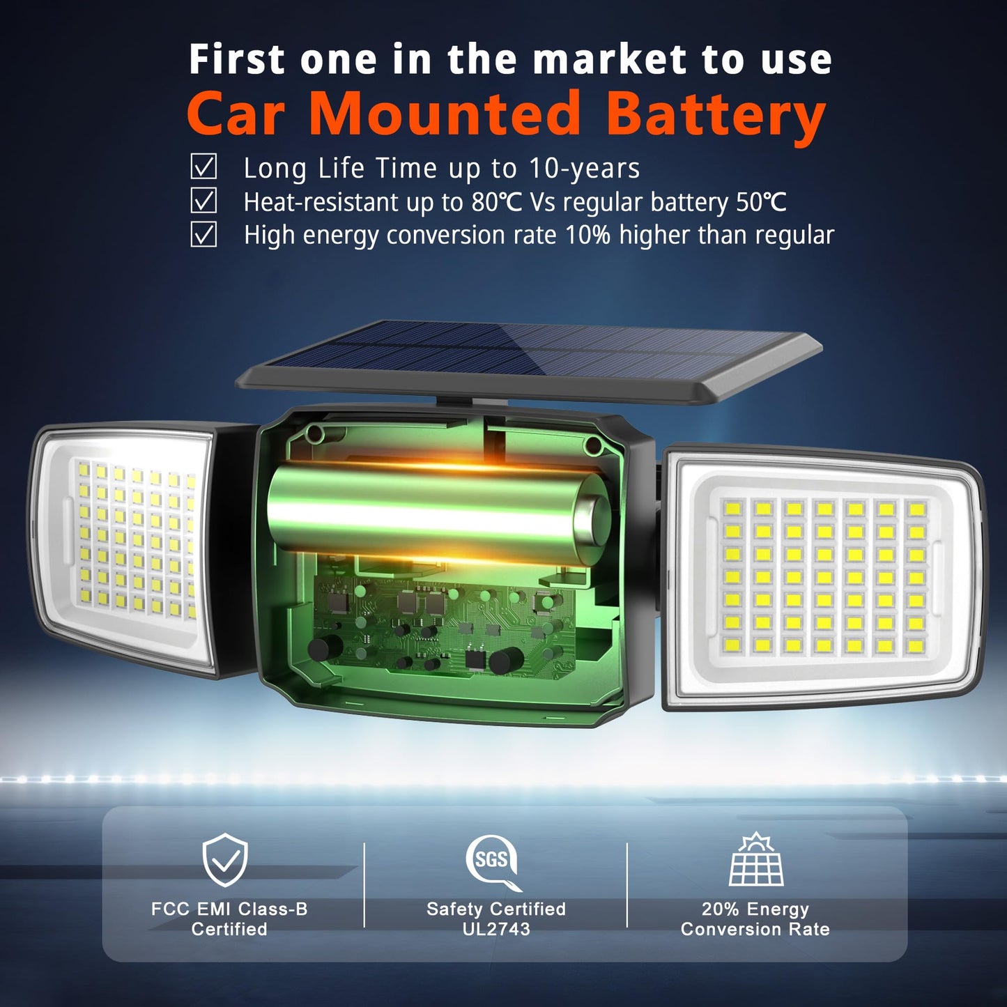 JEJOT Solar Security Light, Super Bright LED, Radar Motion Sensor, 3 Heads, IP65 Waterproof, 3 Modes, 3 Pack, Acrylonitrile Butadiene Styrene