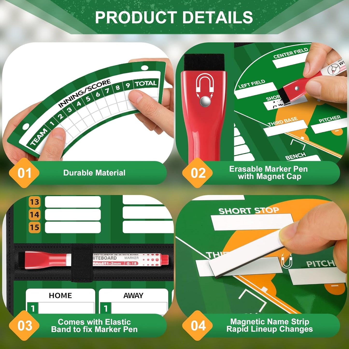 Magnetic Baseball Lineup Board for Dugout | Professional Baseball/Softball Clipboard for Coaches, Foldable | Leather Cover | Carry Handle | Detachable Scoreboard | 30 Lineup Cards