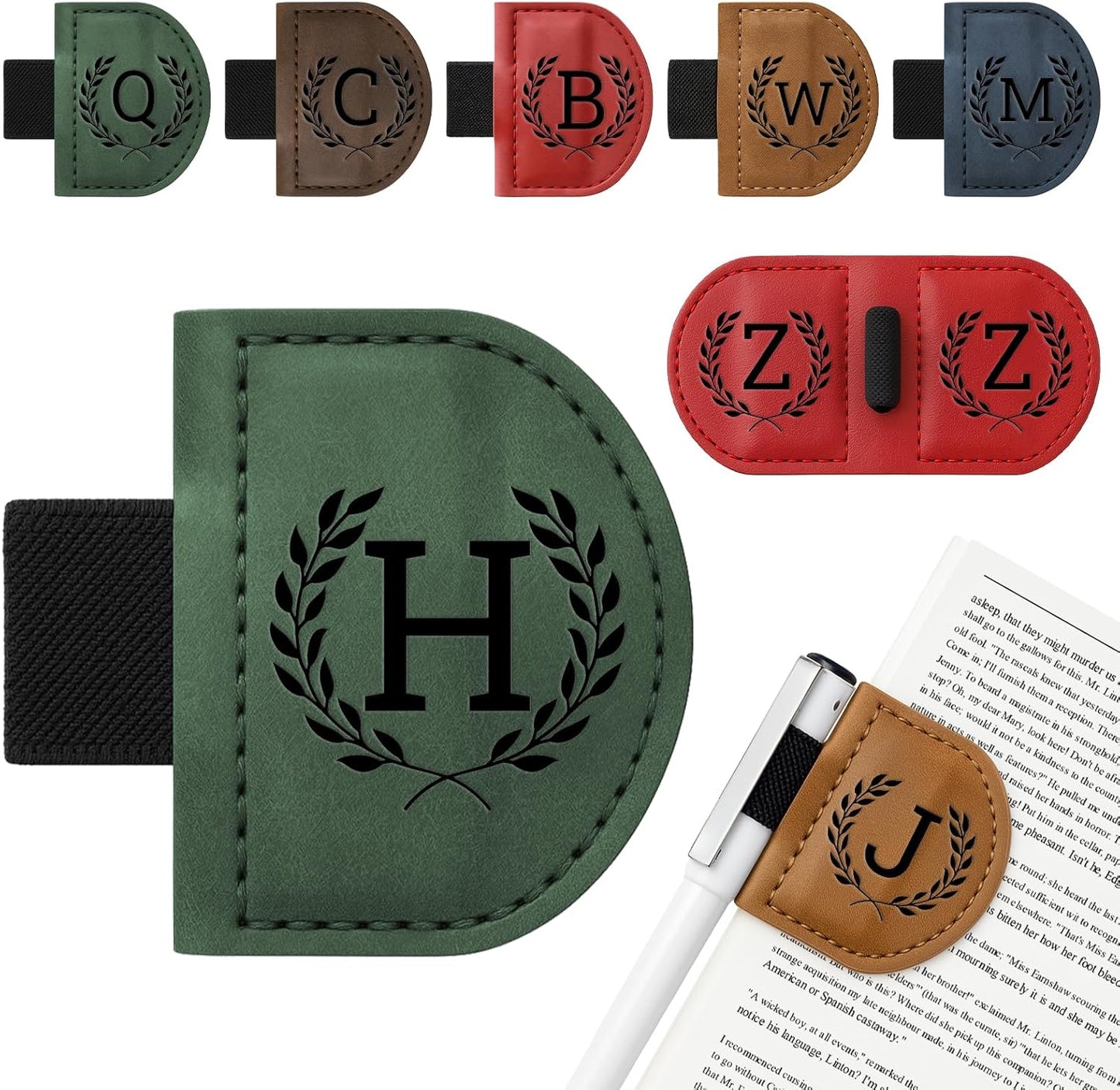 Personalized Bygone Mark Bookmark with Pen Holder,Engraving Leather Magnetic Bookmarks Vintage 26 Letters Name Initials Text Book Marker Clips Gifts for Reading Book Lovers Women (Green, H)