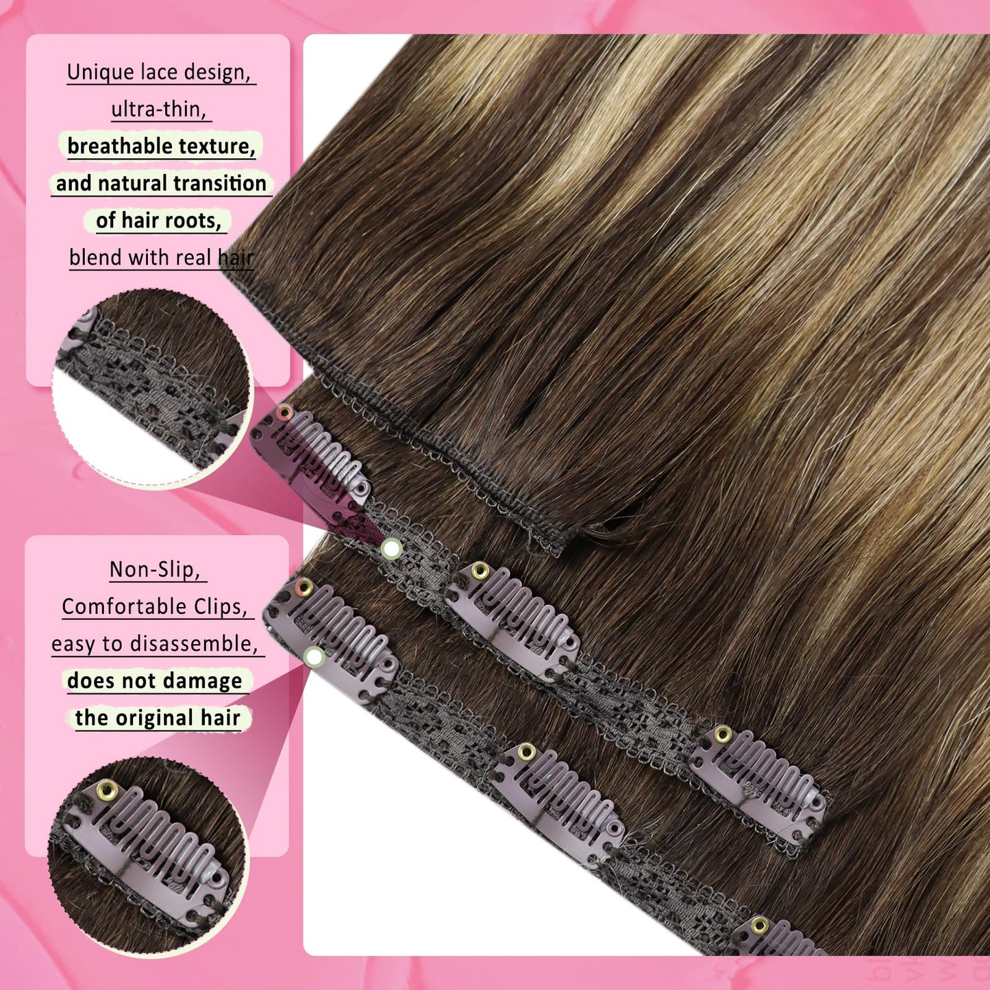 YoungSee Clip in Hair Extensions Balayage Brown Hair Extensions Clip ins Lace Clip in Hair Extensions Real Human Hair Balayage C