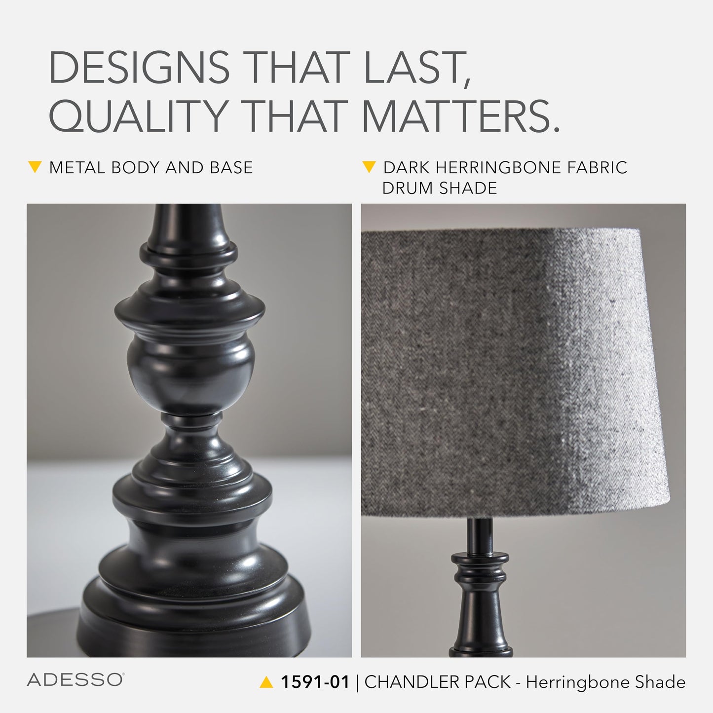 Adesso 3-Piece Lamp Set - Two Table Lamps & One Floor Lamp, Bronze Base, Dark Herringbone Shade, Model 1591-01, Gray