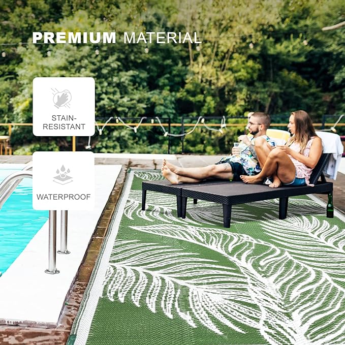 wikiwiki Outdoor Rug, 9x12ft Waterproof Reversible Mat Indoor Outdoor Rugs Carpet, Small Area Rug Plastic Straw Rug for Patio Deck Balcony Pool RV Camping Beach Picnic, Green, Rugscape Series