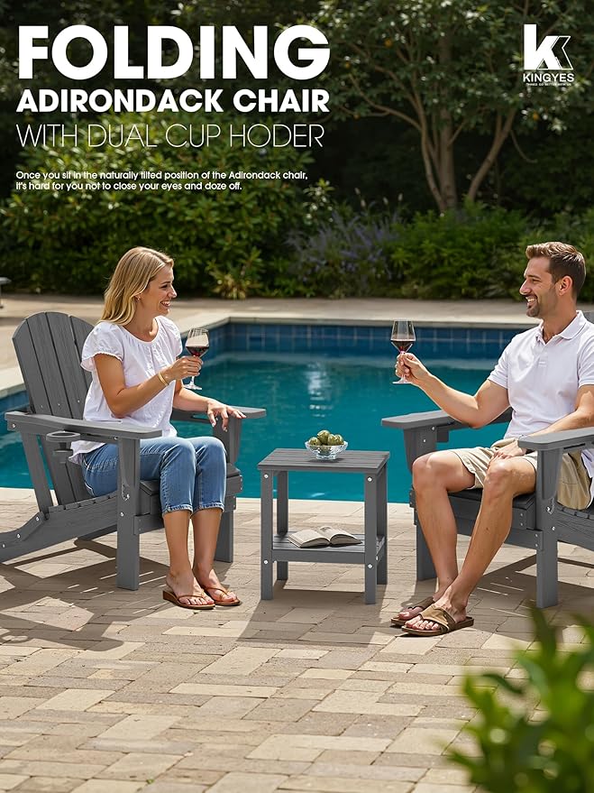 KINGYES Folding Adirondack Chair Set of 8, Dual Cup Holders & All-Weather HDPE, Wood-Like Patio Chair for Backyard, Camping, Pool & Fire Pit, Grey