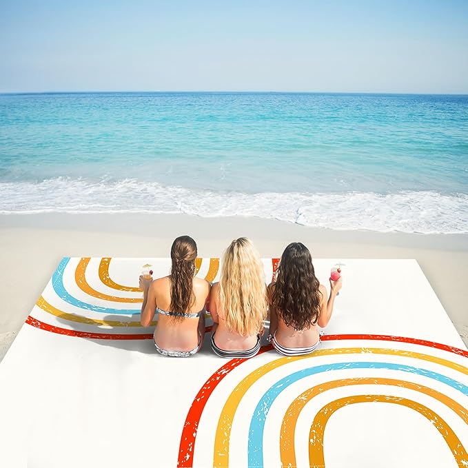 Beach Blanket Waterproof Sandproof, 110''×118'' Extra Large Sand Free Beach Mat, Foldable Compact Lightweight Quick Drying Polyester Picnic Blankets with 4 Stakes & Pockets - Rainbow Arches