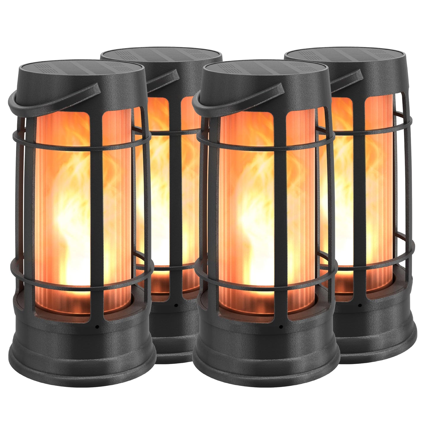FOXFLAME Metal Outdoor Solar Lanterns, Waterproof Flickering LED, 4 Pack, Matte Black, Model FFMDL4