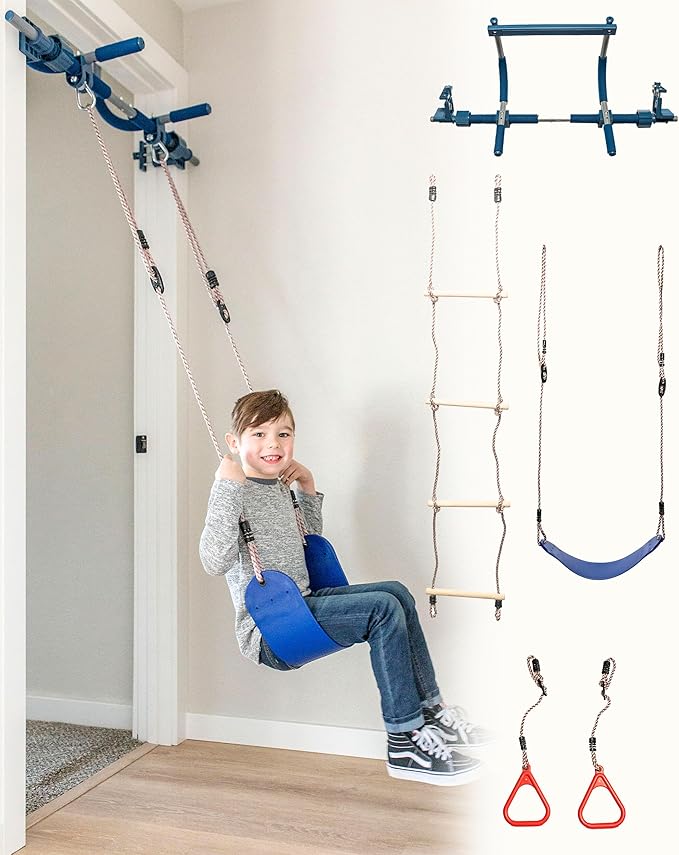 Gym1 Indoor Doorway Gym Set - Sensory Swing & Grip Rings - Adjustable Door Frame Pull-Up Bar for Kids & Adults - Door Fram...