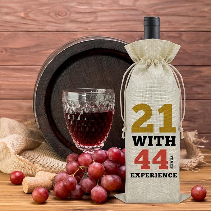 Sazuwu Funny 65th Birthday Gifts Wine Bag 65 Year Old Birthday Gifts for Friend 1959 Birthday Gifts Wine Bottle Decoration Bag 21 with 44 Years Experience Wine Accessories Gifts for Wine Lovers