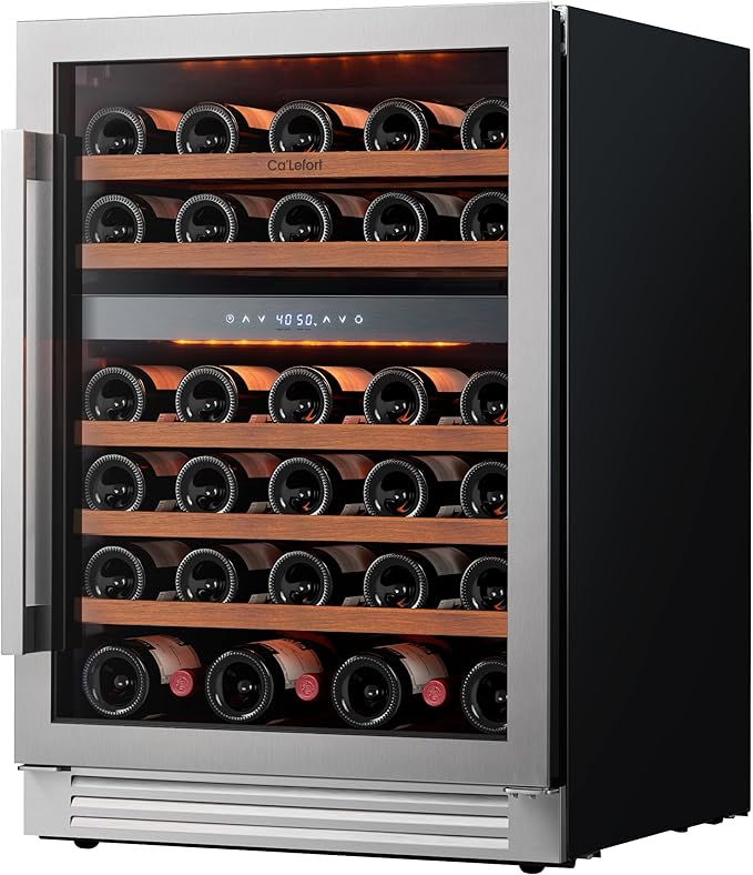 Ca'Lefort 24 Inch Wine Fridge Cooler - 52 Bottles Dual Zone Cooler with Glass Door, 3 LED Built-in Compressor Fridge with Adjustable Shelves for Home Office Bar (5.65 cu.ft)