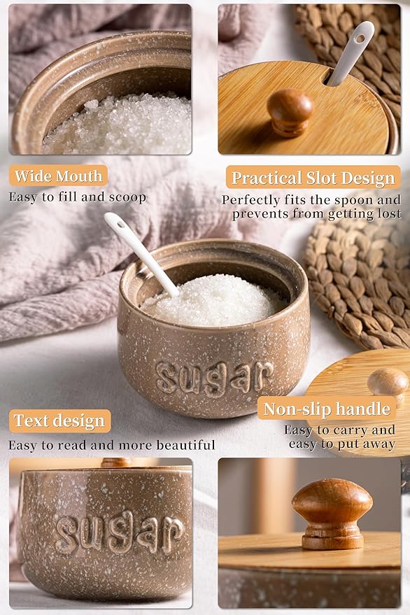 LYEOBOH Sugar Bowl with Lid and Spoon,17 OZ Cute Sugar Jar Container for Countertop, Ceramic Sugar Holder for Coffee Bar, Azucarera for Farmhouse, Rustic Home and Kitchen, Speckled Khaki