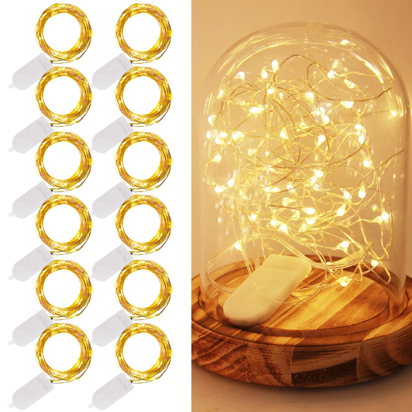 WATERGLIDE 12 Pack Fairy Lights, Battery Operated, 20 LED Mini String Lights, 6.5ft, Waterproof Silver Wire, Warm White