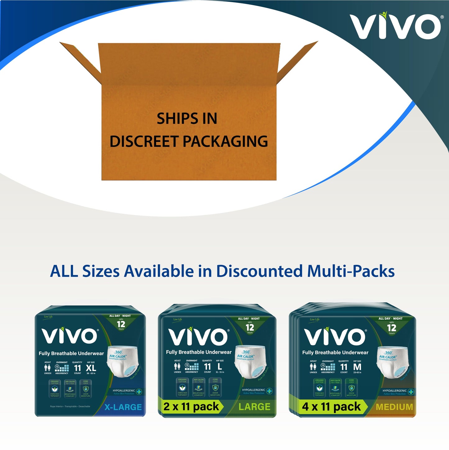 VIVO Organic Cotton Sensitive Skin Overnight Adult Incontinence Pullup Underwear, Women & Men, Medium 22 Count