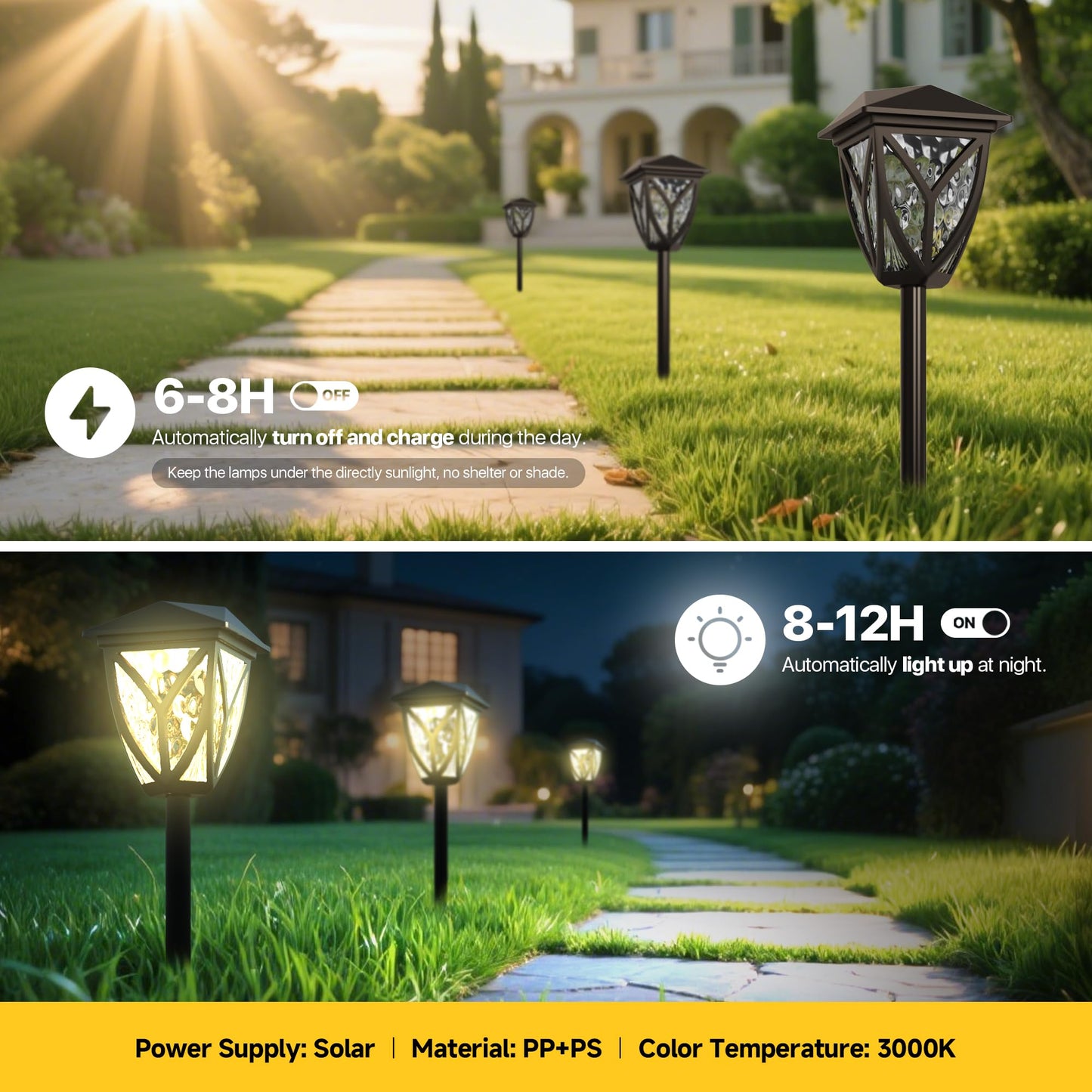 Ensenior 6-Pack Solar Lights Outdoor  16.77 3000K Led Solar Garden Lights For Pathway  Yard  Patio  Walkway  Planter  Waterproof  Energy-Efficient Landscape Lighting