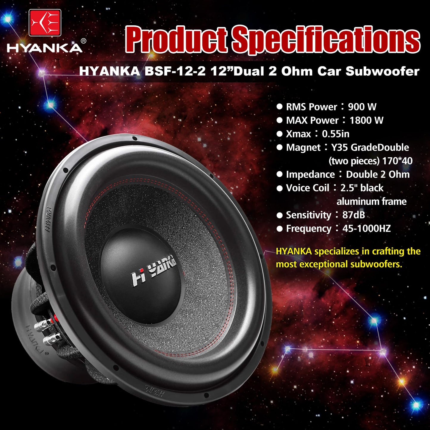 H YANKA 12 Inch Subwoofer - 1800W MAX, 2.5" Dual Voice Coil, Aluminum, Reddish Black
