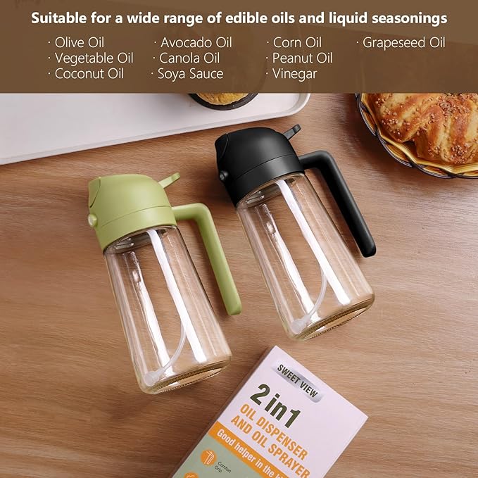 2PCS Oil Sprayer for Cooking, 470ml 2 In 1 Sprayr & Pour, Glass Olive Oil Dispenser Pourer for Kitchen, Air Fryer, Cooking, Salad, BBQ (Black,Black)